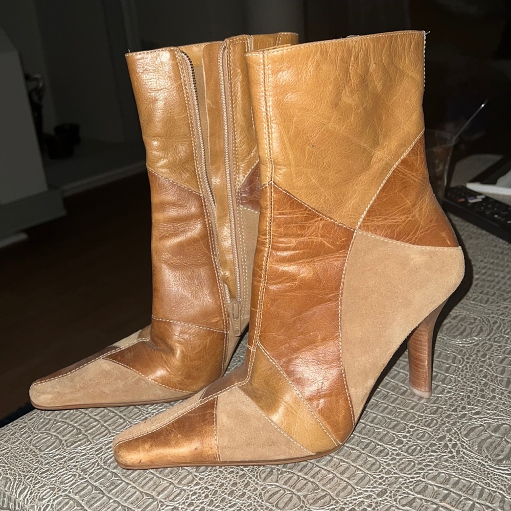 Brown and tan heel boot